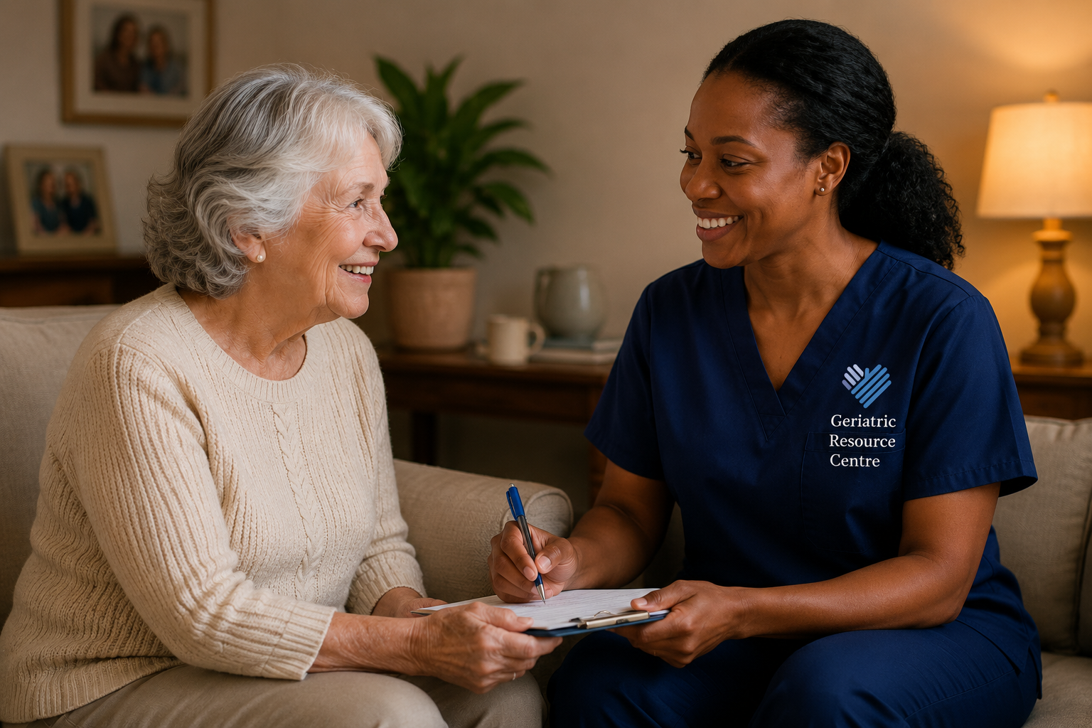 Overnight caregiver meeting with a senior client before beginning personalized in-home overnight care.