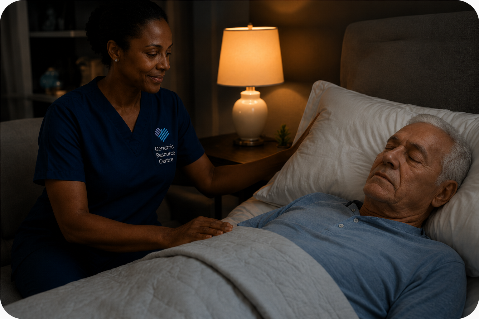 Overnight caregiver providing nighttime support while an elderly man sleeps safely at home.
