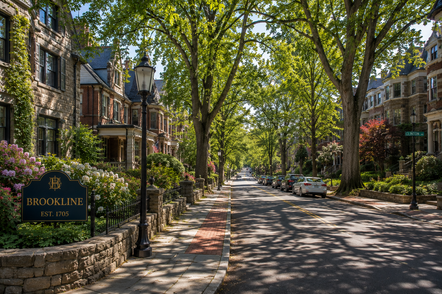 Historic residential street in Brookline, Massachusetts