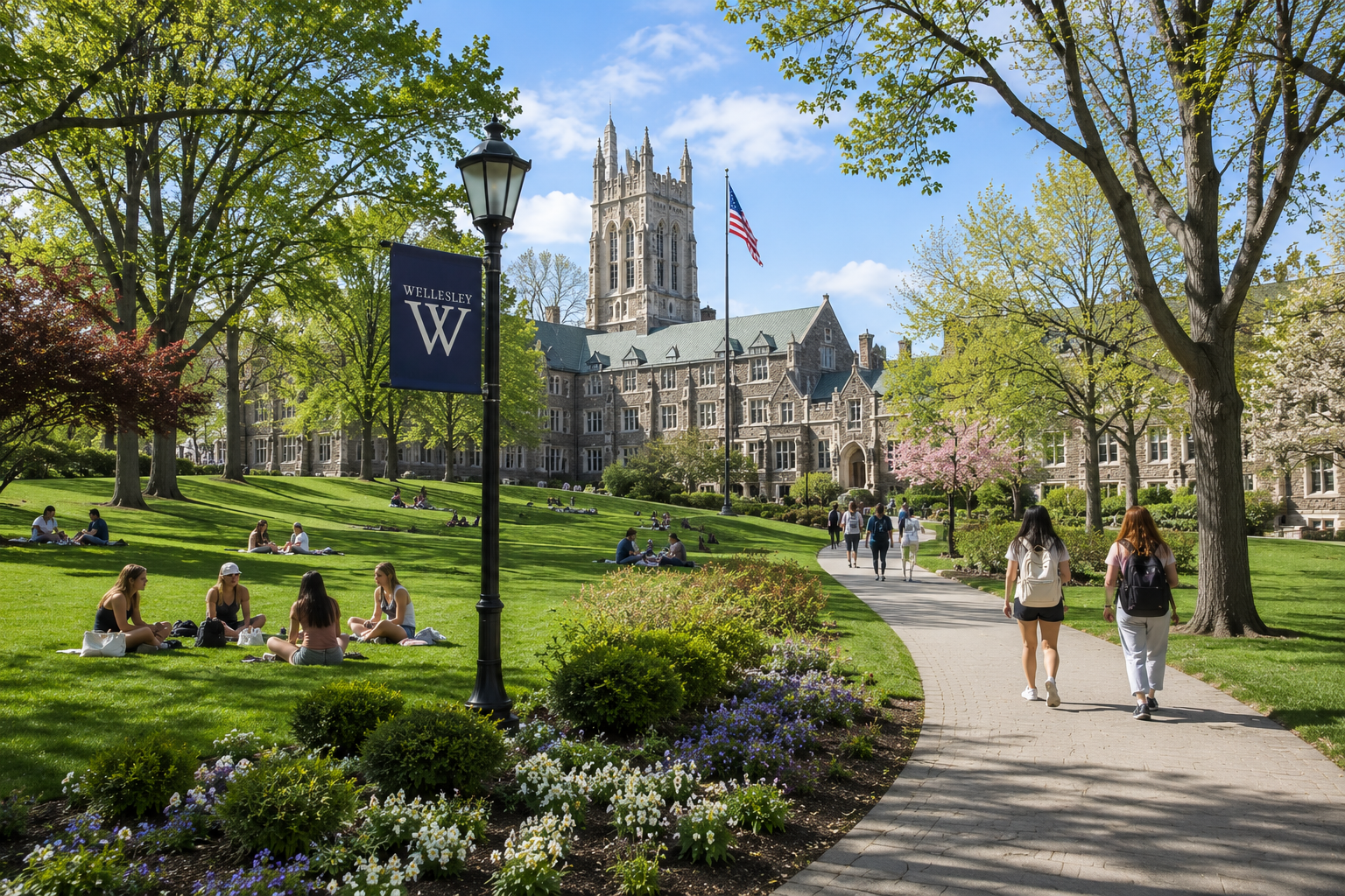 Students walking on the walkway at Wellesley College