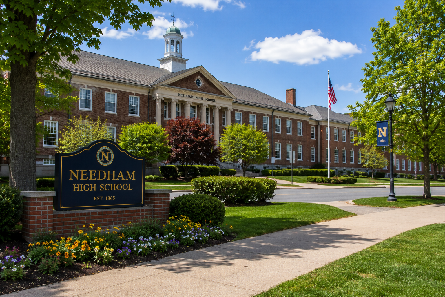View of Needham High School in Needham, MA
