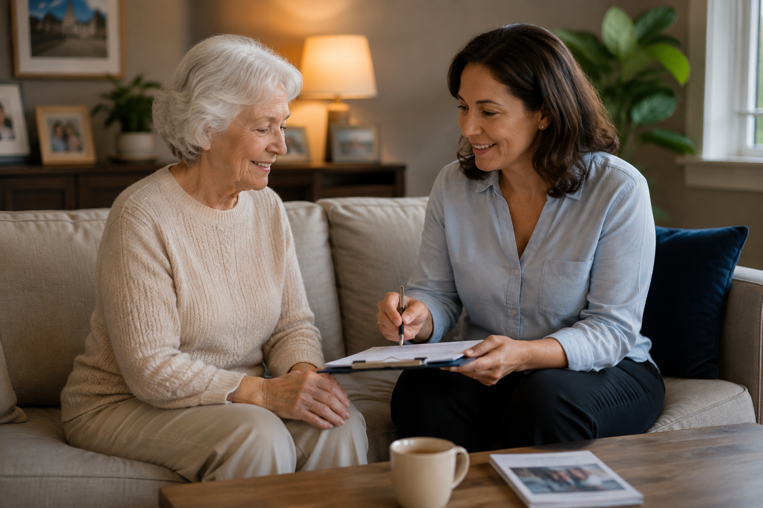 Overnight caregiver meeting with a senior client before beginning personalized in-home overnight care.