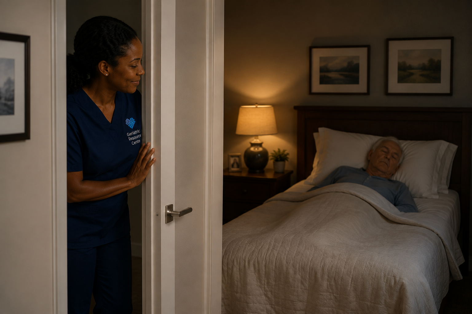 Overnight caregiver providing nighttime support while an elderly man sleeps safely at home.